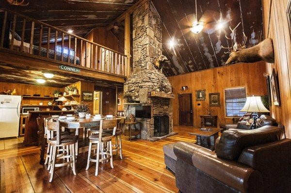 Beautiful native rock fireplace at the Conner Homestead Cabin