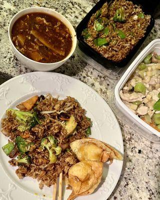 Vegetable Fried Rice, Hot & Sour Soup, Crab Rangoon & Cashew Chicken