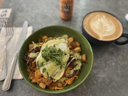 Brisket Hash and Lavender Honey Latte