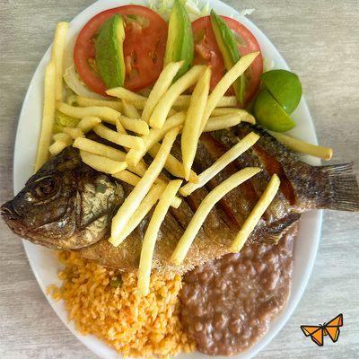 Mojarra Dorada, served fresh with rice, beans, fries and a side salad. $14.99