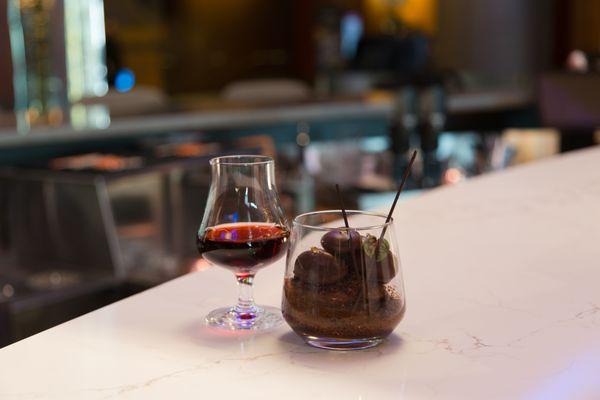 Port and a decadent Chocolate Mousse Dessert with Crumbles and layers of Chocolate Cake