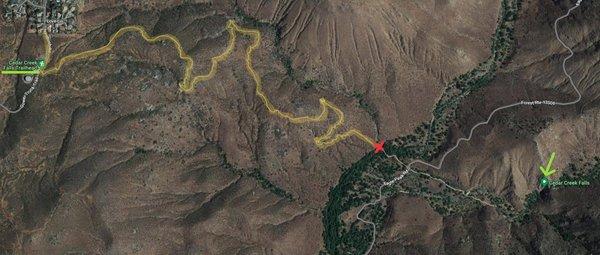 Yellow is where we made it down & back, the red X is where we got held back from the large/deep water crossing!