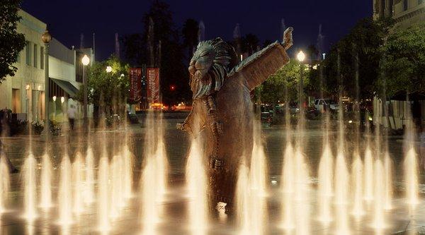 The Lion's Fountain at night bronze Lion 8' tall forty animated water jets. Culver City CA