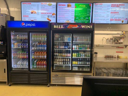 Choices of bottled drinks. There is also a fountain drink machine (Pepsi products)