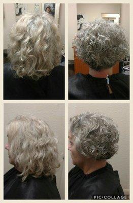 Helped this lovely lady return to her natural hair color by  toning her blonde hair to gray and giving her a cute stacked Bob.