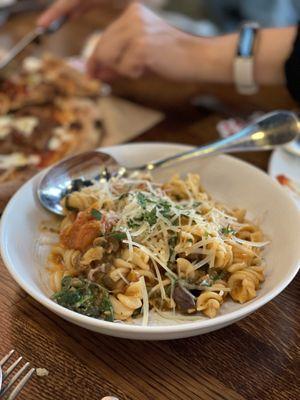 Fusilli Puttanesca with Eggplant at Pizzeria Mercato in the Public Market in Emeryville.