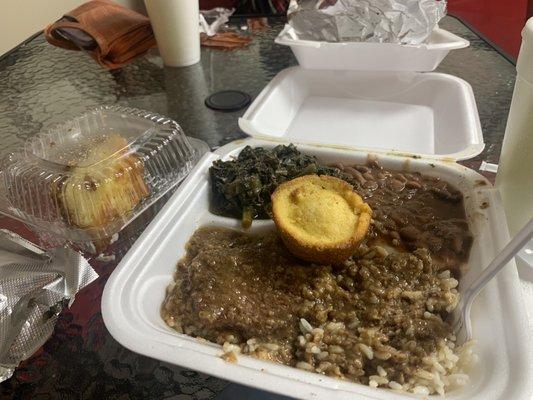 Cubed steak & rice, pinto beans, collard greens, corn muffin & Sock it to me cake !!