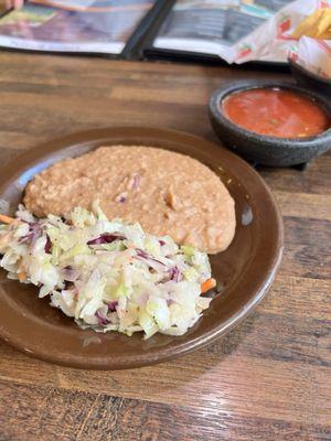 Nice appetizer/condiment plate served with chips & salsa; the cabbage slaw was delicious.