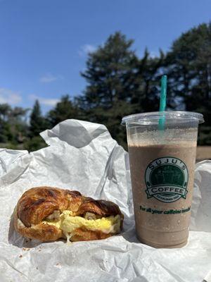 Sausage egg and cheese, as well as a Java chip frap