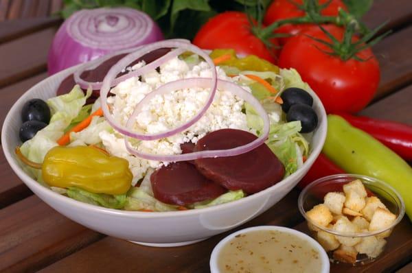 This is our "Greek Salad". We also have Antipasto, Garden, Crispy Chicken and Grilled Chicken Salads.