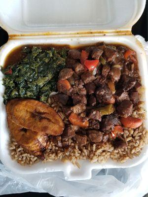 VEGGIE CHUNKS, RICE & PEAS, SAUTEED SPINACH & PLANTAINS.