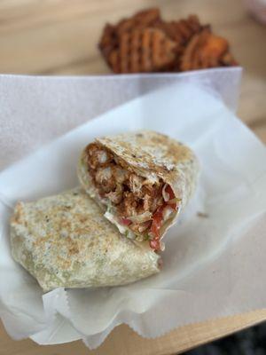 The buffalo chicken wrap with sweet potato fries.