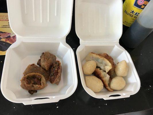 Shrimp rolls on the left; fish balls (circular objects) and dumplings on the right