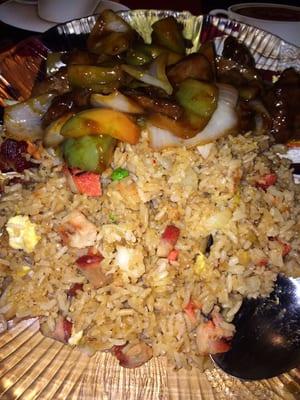 Amazing! Pork fried rice and beef with peppers and onions!