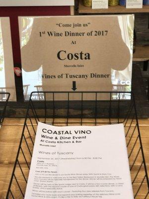 Sign up for our wine dinner at Costa.