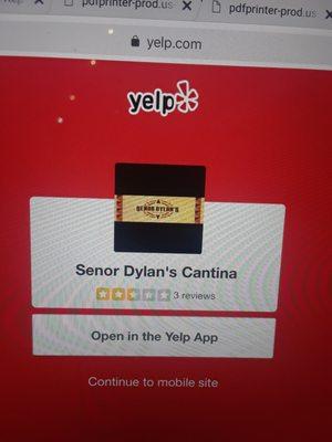 Senor Dylan's Cantina Yelp Listing With 3 Reviews With 2 Negatives From Competitors. Yelp Needs To Take Down Fake Reviews!