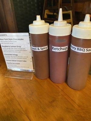 2 BBQ sauces +Ketchup and the dessert menu.