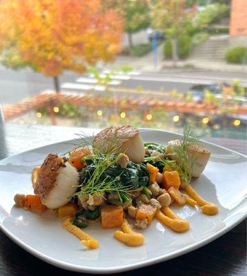 October Scallop Special   Pan seared PNW Scallops, roasted vegetable medley and pumpkin puree cream sauce