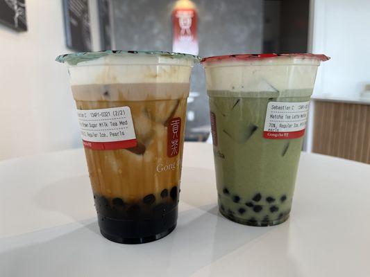 dirty brown sugar milk tea with boba; matcha tea latte with boba & cold foam - both medium