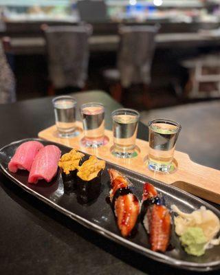 Sake Flight + toro, sea urchin, unagi nigiri