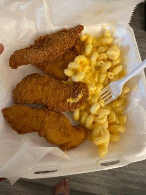 Chicken fingers upgraded bland no flavor Mac and cheese. Not good at all