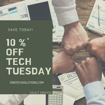 Tech Tuesday has officially started  Check out how to save 10% select services below! * * * Tag 2 friends to claim your 10% off your next