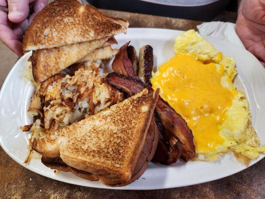 eggs with cheese sausage bacon hashbrowns