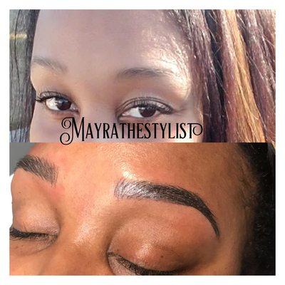 A before and after of client eyebrow microshading