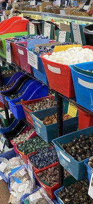 Unique stones in a variety of buckets line the the entire length of the store.