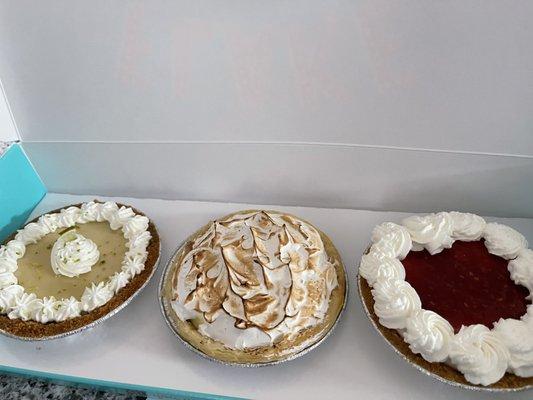 Key lime, banana cream, raspberry pie