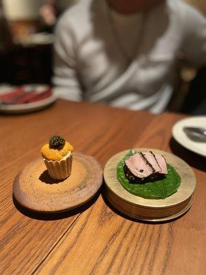 Uni and crab tart (left) and foie gras duck breast wrap (right)