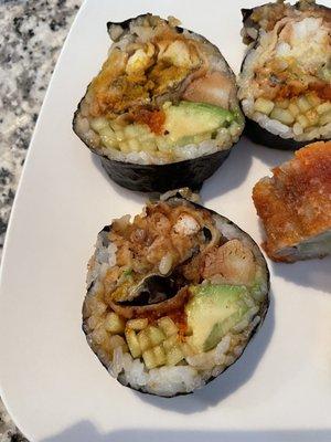 Spider Roll with a crunchy black center. Each piece had hard, crunchy bits inside that I couldn't chew.