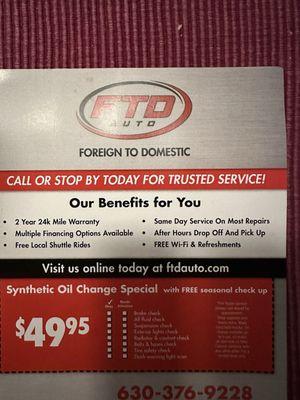 The back panel of the mailer I received with the special oil change offer.