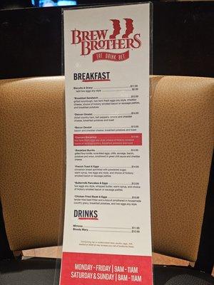 Breakfast menu