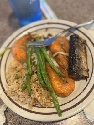 Shrimp Fried Rice grilled fish and string beans