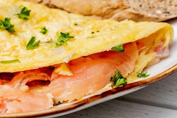 Smoked Salmon Omelette, with Onions, Capers, and Dill Cream Cheese