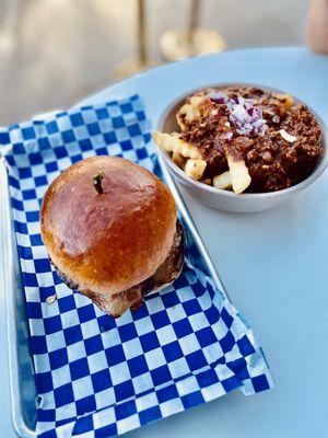 Curry burger and chili cheese fries