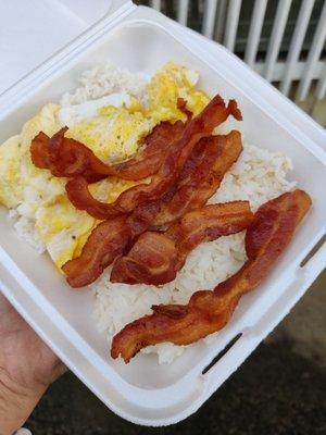 Bacon, two eggs, and rice for $6.29 plus tax