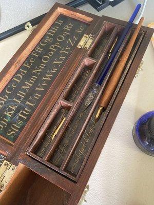 Writing set with, ink, glass pen, and calligraphy pen