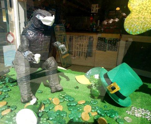 Saint Patrick's Day plus Dinosaur window dressing