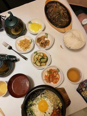 Bonchon sides, Beef Bulgogi, Veggie Bibimbap, Green Tea