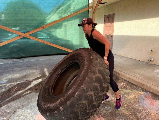 Hun flips the 250 pound tire!