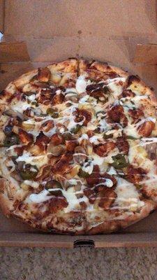 BBQ chicken pizza with three veggies- pineapple, mushroom and jalapeño. So delicious!