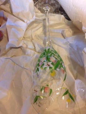 The last piece of identifiable stemware wrapped & packed in stemware box. Hand painted in Italy. Was wedding gift.