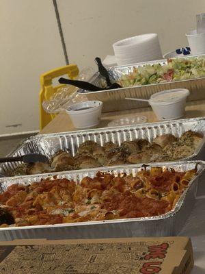 Baked Ziti, pizza , Salad , Rolls