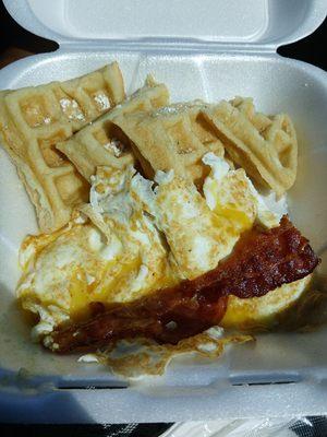 Waffle was cooked all the way , was soggy. Eggs was runny it wasn't over medium.