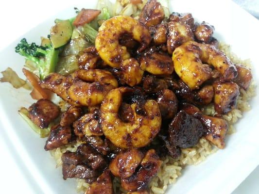 Spicy Chicken and Shrimp Hibachi with Fried Rice and Mixed Vegetables