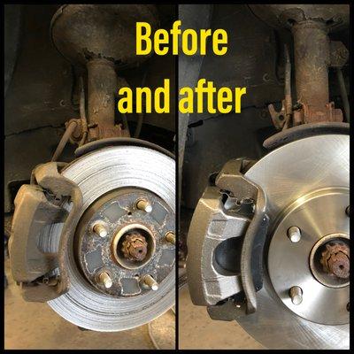 Scheduled brake service keeps you--and others--safe. See something missing in the pic. on the left? The brake pad wore so thin it fell off!