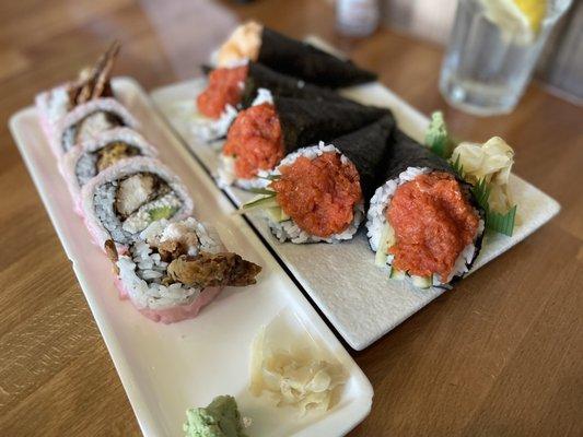 spider roll and spicy tuna hand rolls