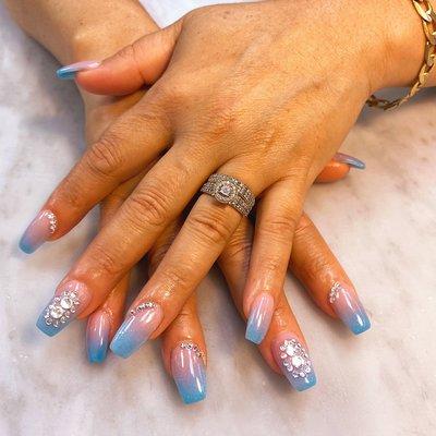 Shimmery Blue Ombré. Beautiful whether worn with blue jeans or a blue dress.